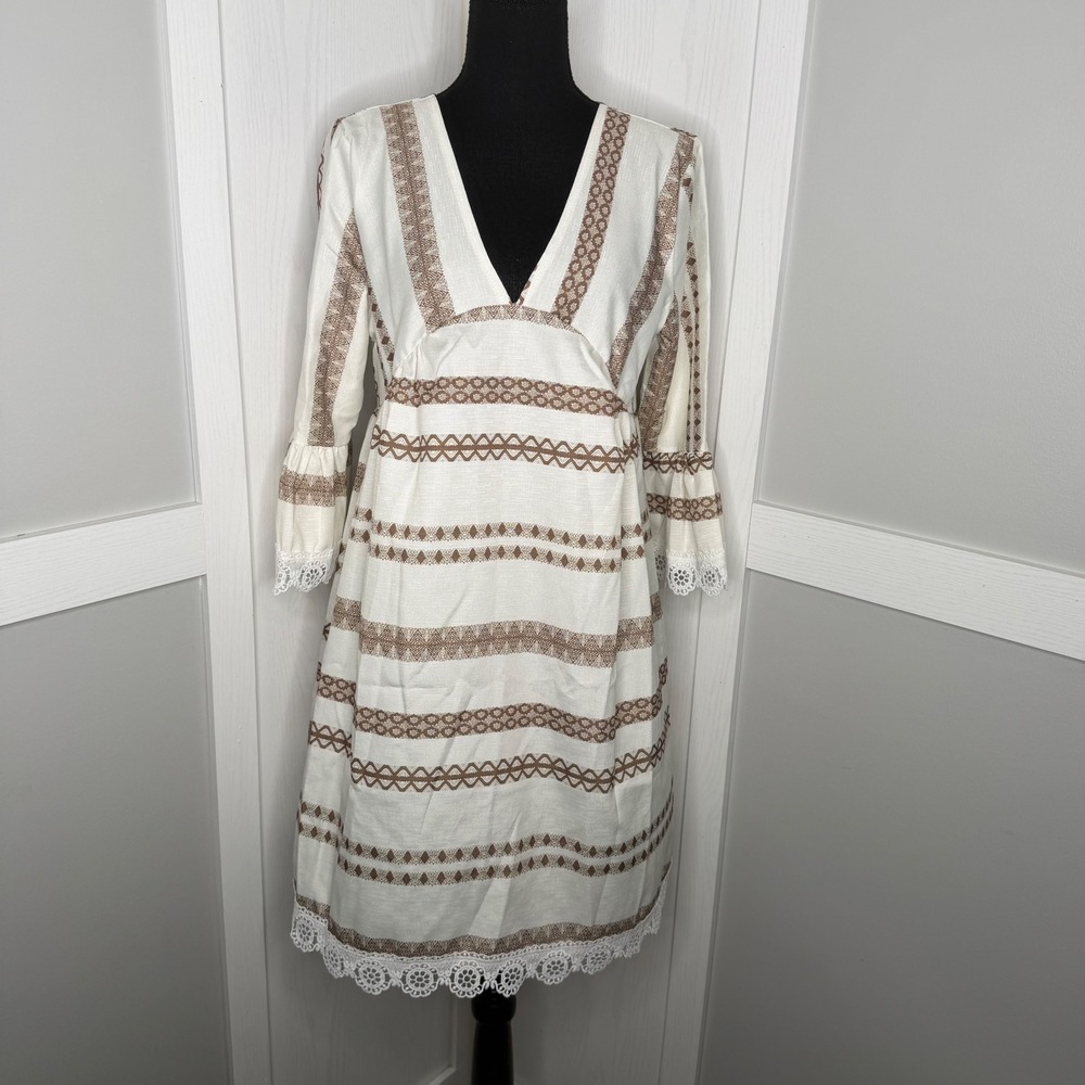 Fashion Dress Womens L White Brown Geometric Lace Trim Bell Sleeve Babydoll